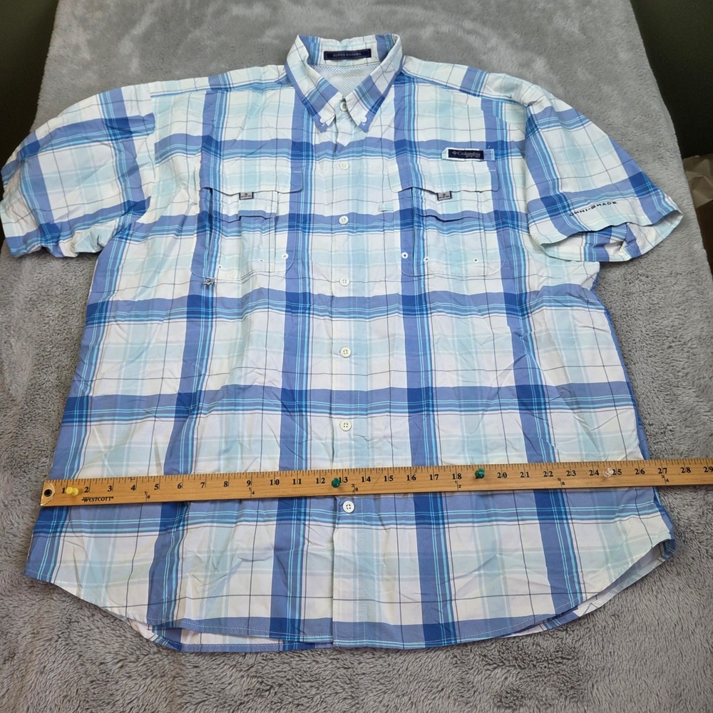 Columbia PFG Super Bahama Fishing Shirt Mens XXL Plaid Short Sleeve Blue White